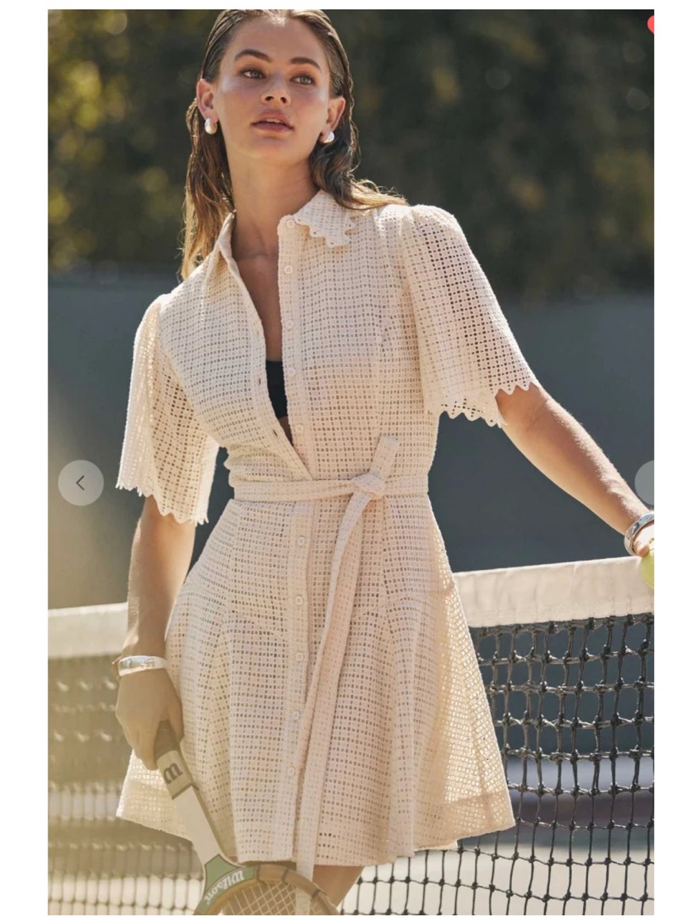 Current Air Punching Lace Cream Crochet Button-Front Dress with Tie Waist